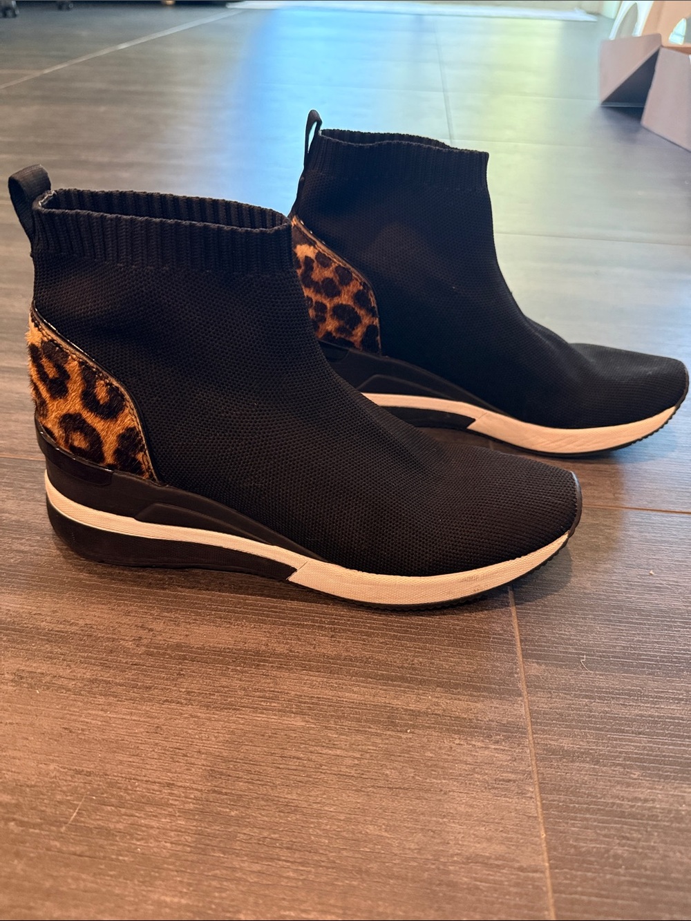 Michael Kors Black Knit Ankle Booties with Leopard Heel Accent